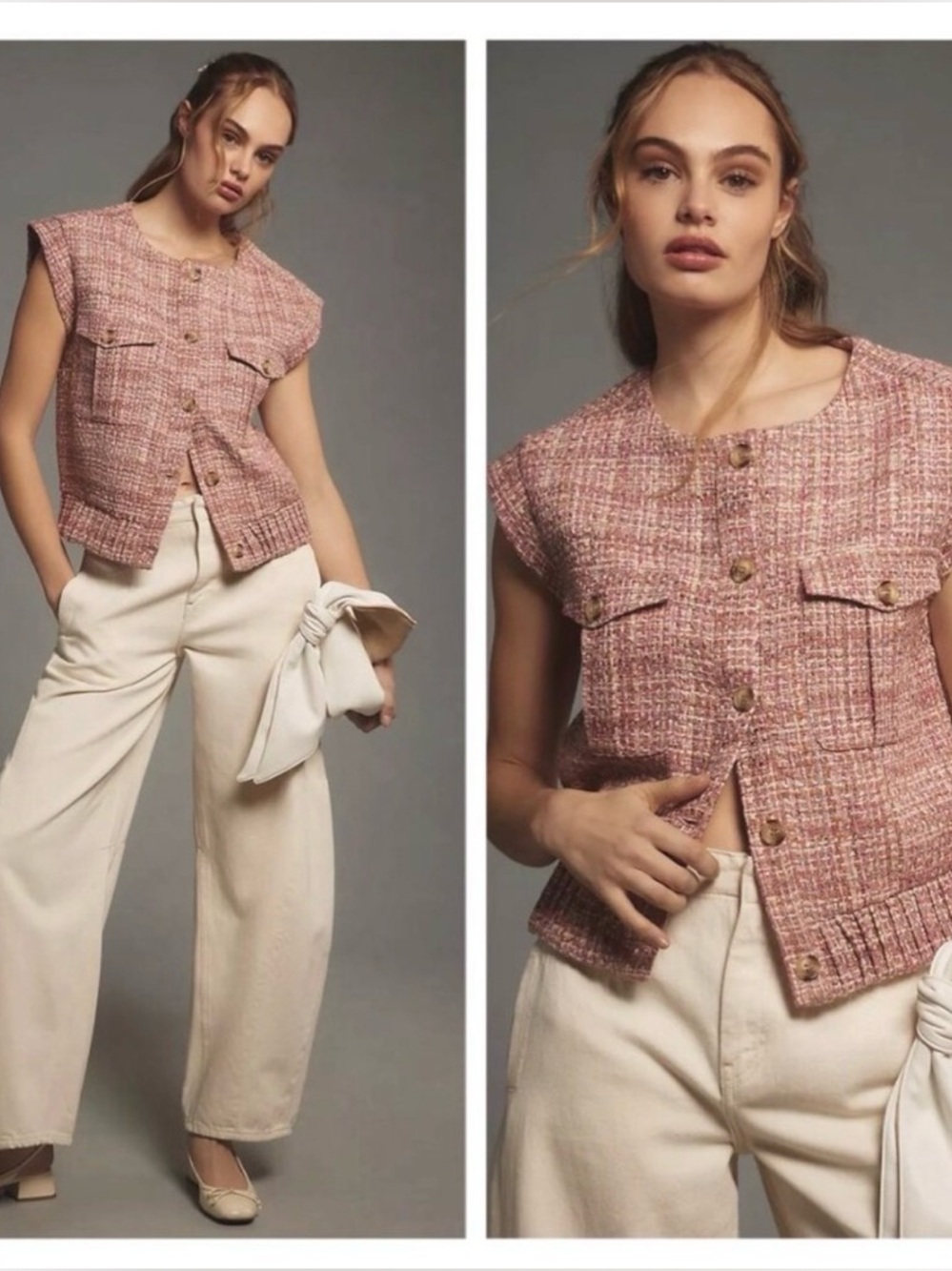 Anthropologie Maeve Extended Shoulder Button-Front Tweed Vest Women’s Size Large